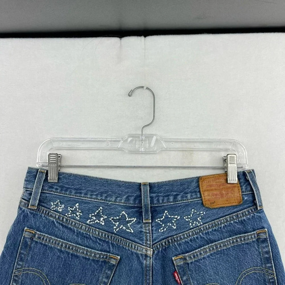 Levi's Jean Shorts Womens Sz 27 Blue Medium Wash High Rise Premium Distressed - Picture 7 of 13